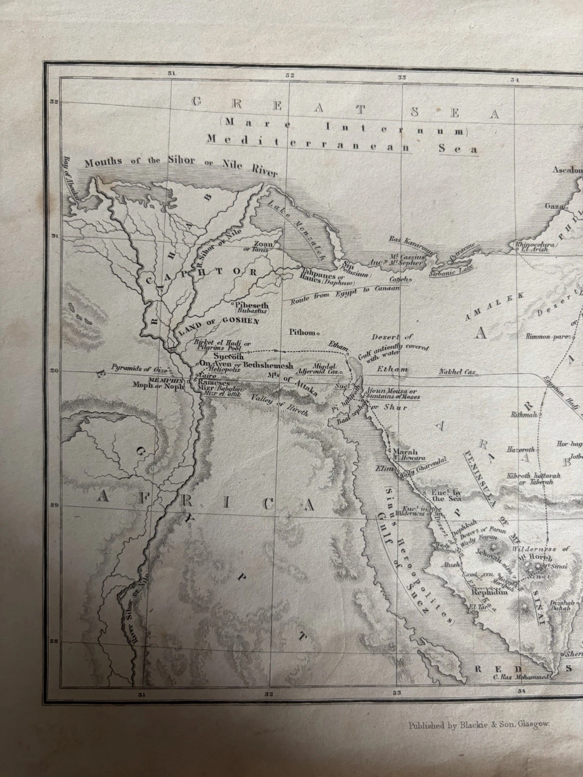 Detail of Egypt and the northern Red Sea showing the Nile mouths, Land of Goshen, Sinai and the route toward Canaan