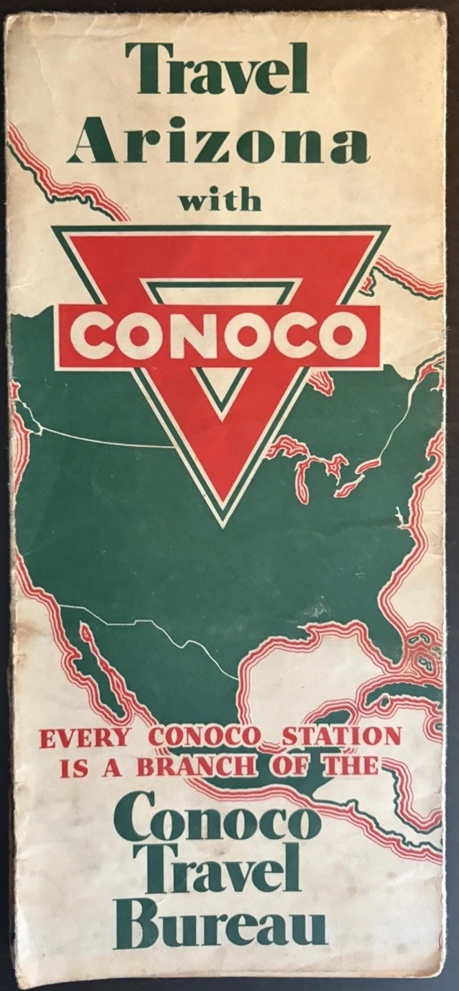 Folded Travel Arizona road map cover with matching red Conoco triangle and green North America design.