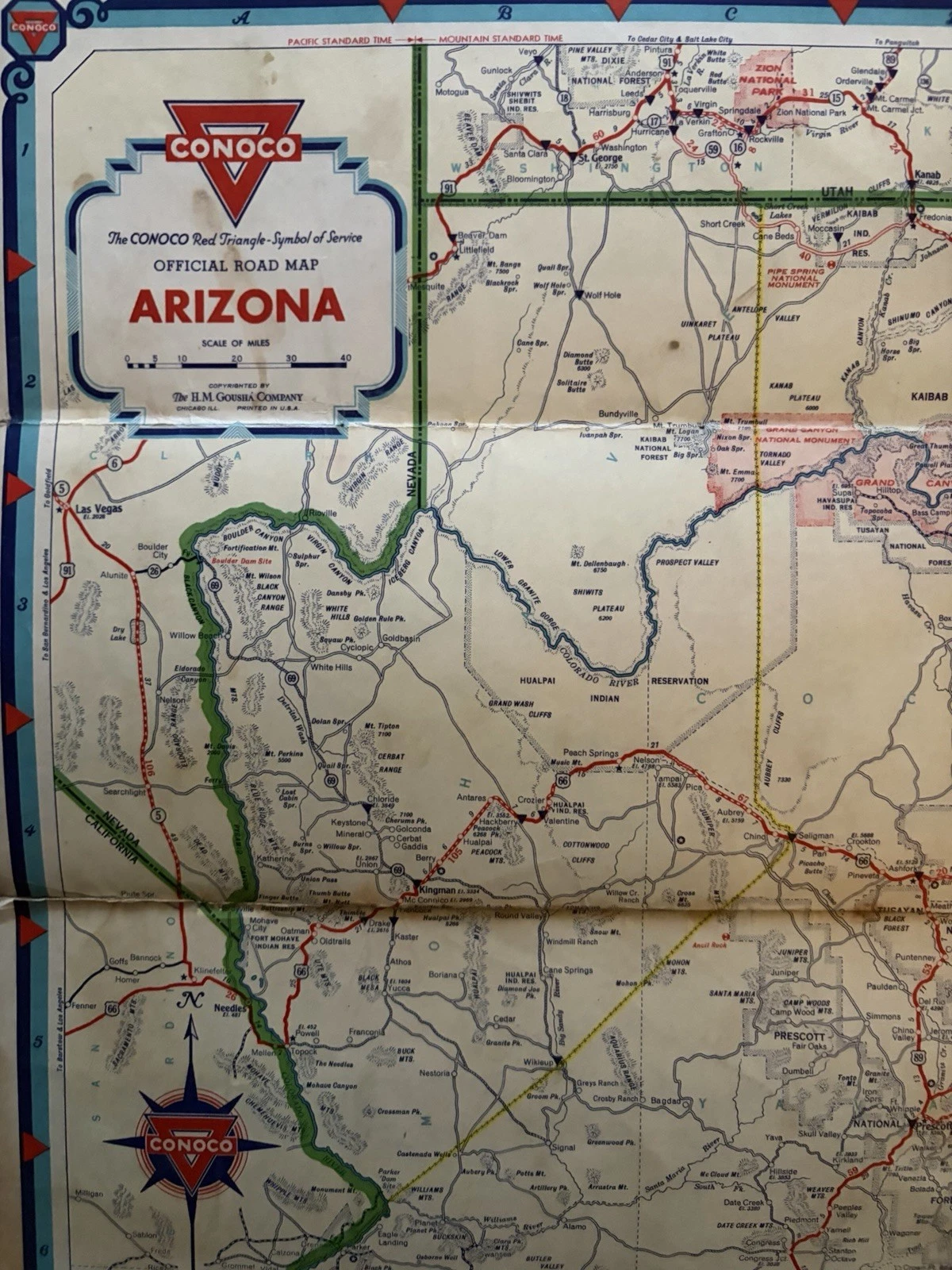 Detail of the north-west Arizona map showing the title, Las Vegas, Kingman, Seligman and Route 66.