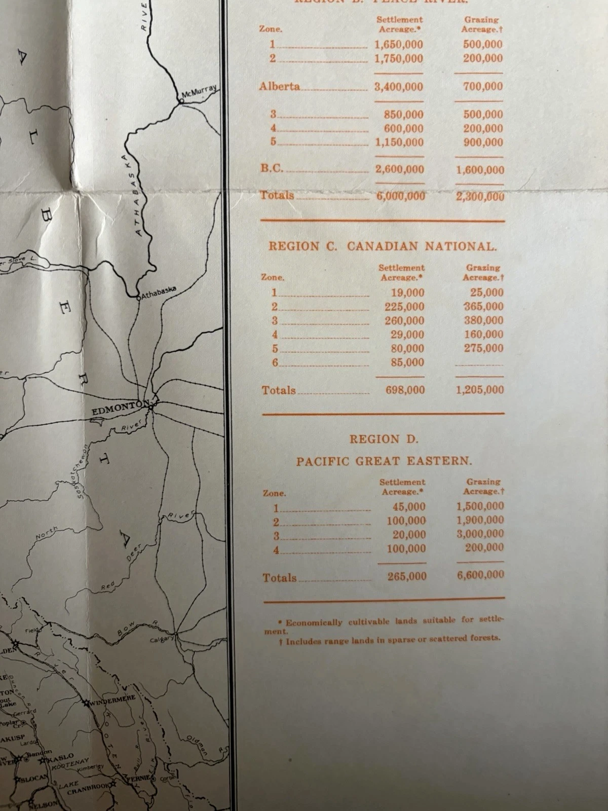 Detail of the 1947 agriculture map showing its coloured acreage categories, regional table and railway network.