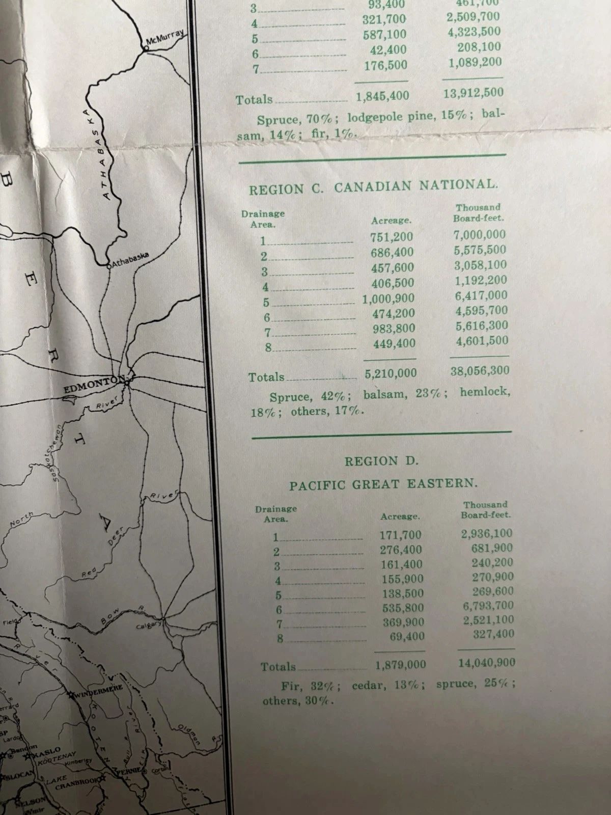 Detail of the 1947 forests map showing green forest classes, timber-volume tables and species percentages.