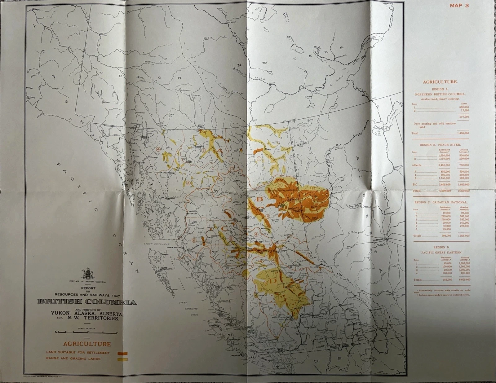 Complete 1947 agriculture map of British Columbia using yellow and orange to classify cultivable settlement land and range or grazing land.