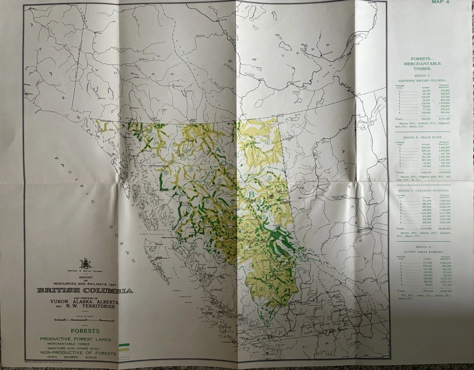 Complete 1947 forests map of British Columbia using green tones to classify productive, merchantable, immature and nonproductive forest land.