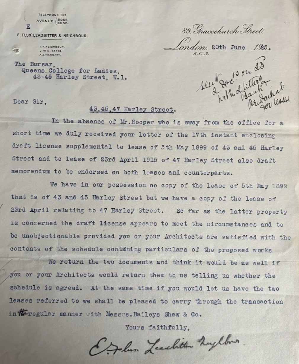 Typed 1925 letter from E. Flux, Leadbitter and Neighbour at Gracechurch Street, London, to the Bursar of Queen's College for Ladies regarding leases at 43, 45 and 47 Harley Street.
