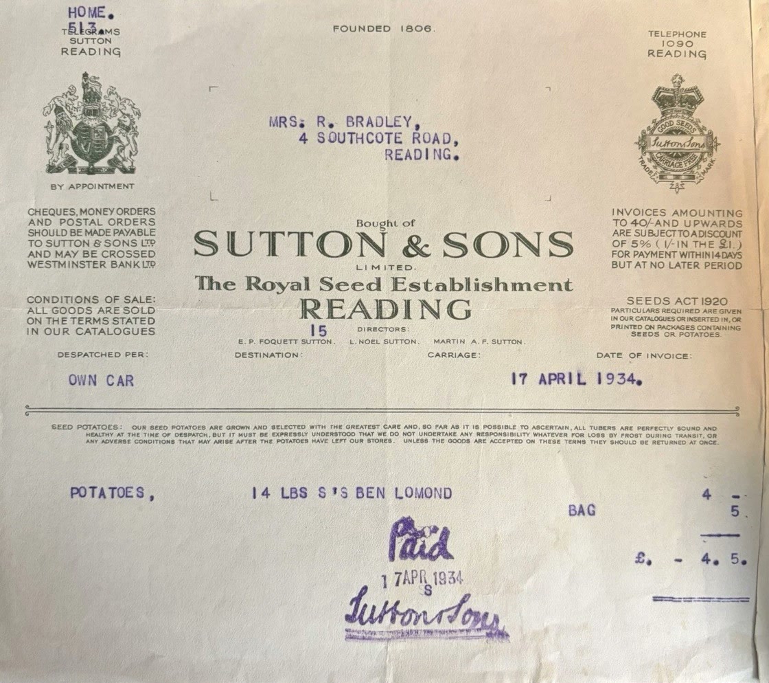 1934 Sutton and Sons Limited invoice from the Royal Seed Establishment, Reading, to Mrs R. Bradley of 4 Southcote Road for fourteen pounds of Ben Lomond seed potatoes.