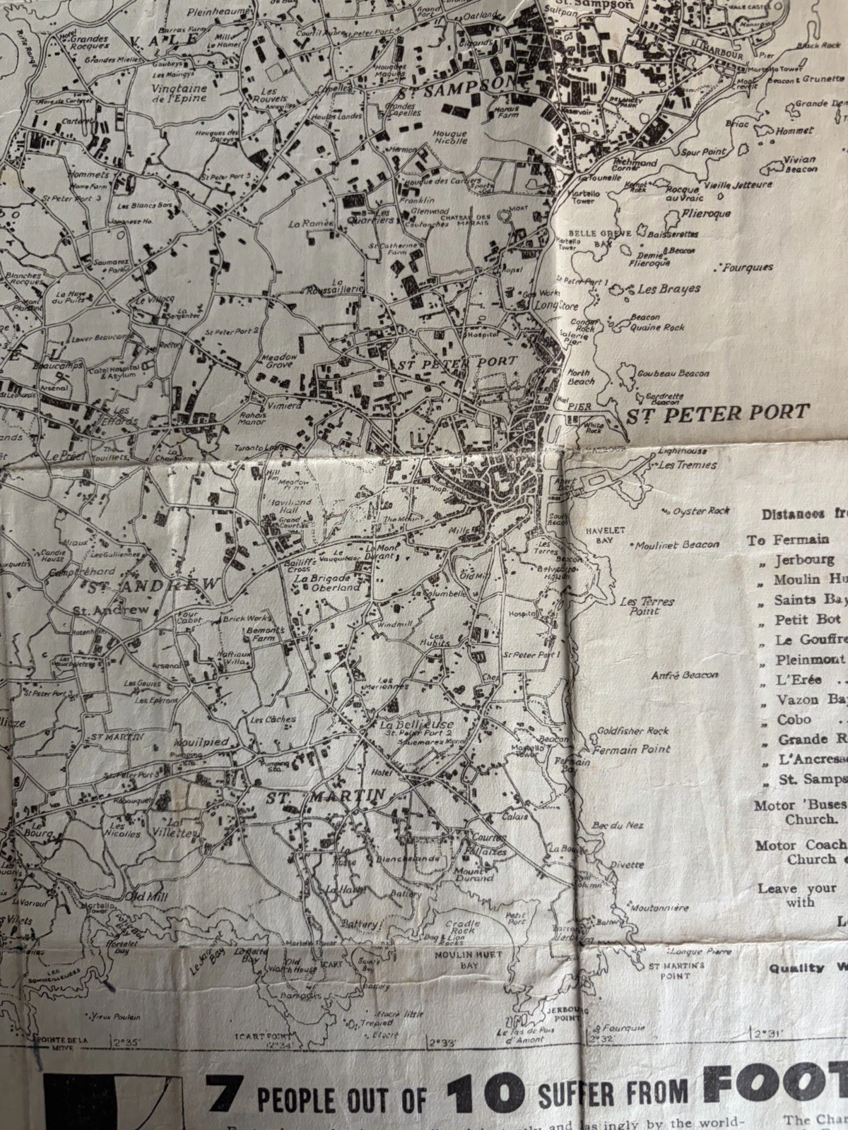 Eastern Guernsey map detail around St Peter Port and St Sampson with roads, bays, distances from Town Church and a Beghin's foot-comfort advertisement.