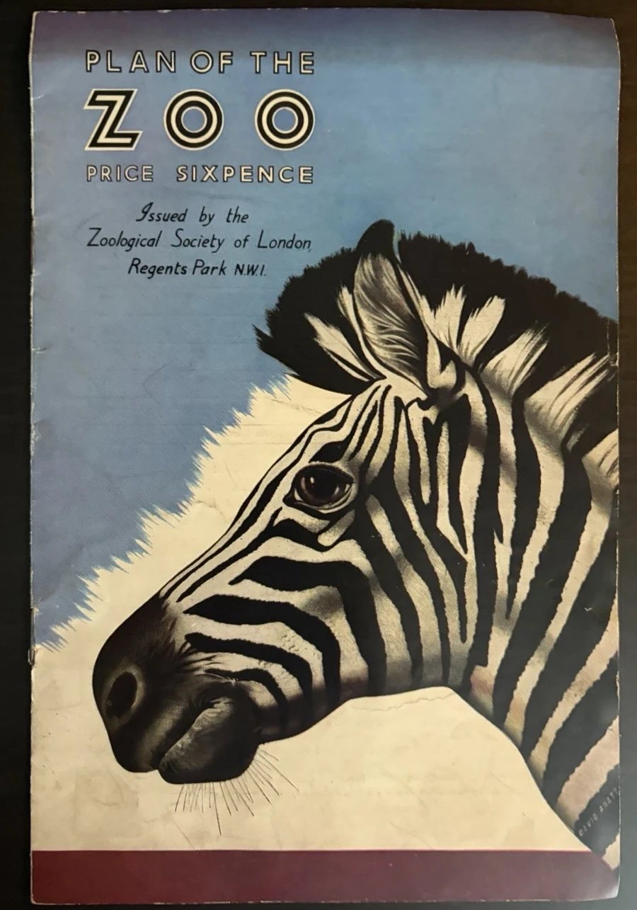 Blue vintage London Zoo plan cover with a large black-and-white zebra head, the words Plan of the Zoo, sixpence price and Zoological Society credit.