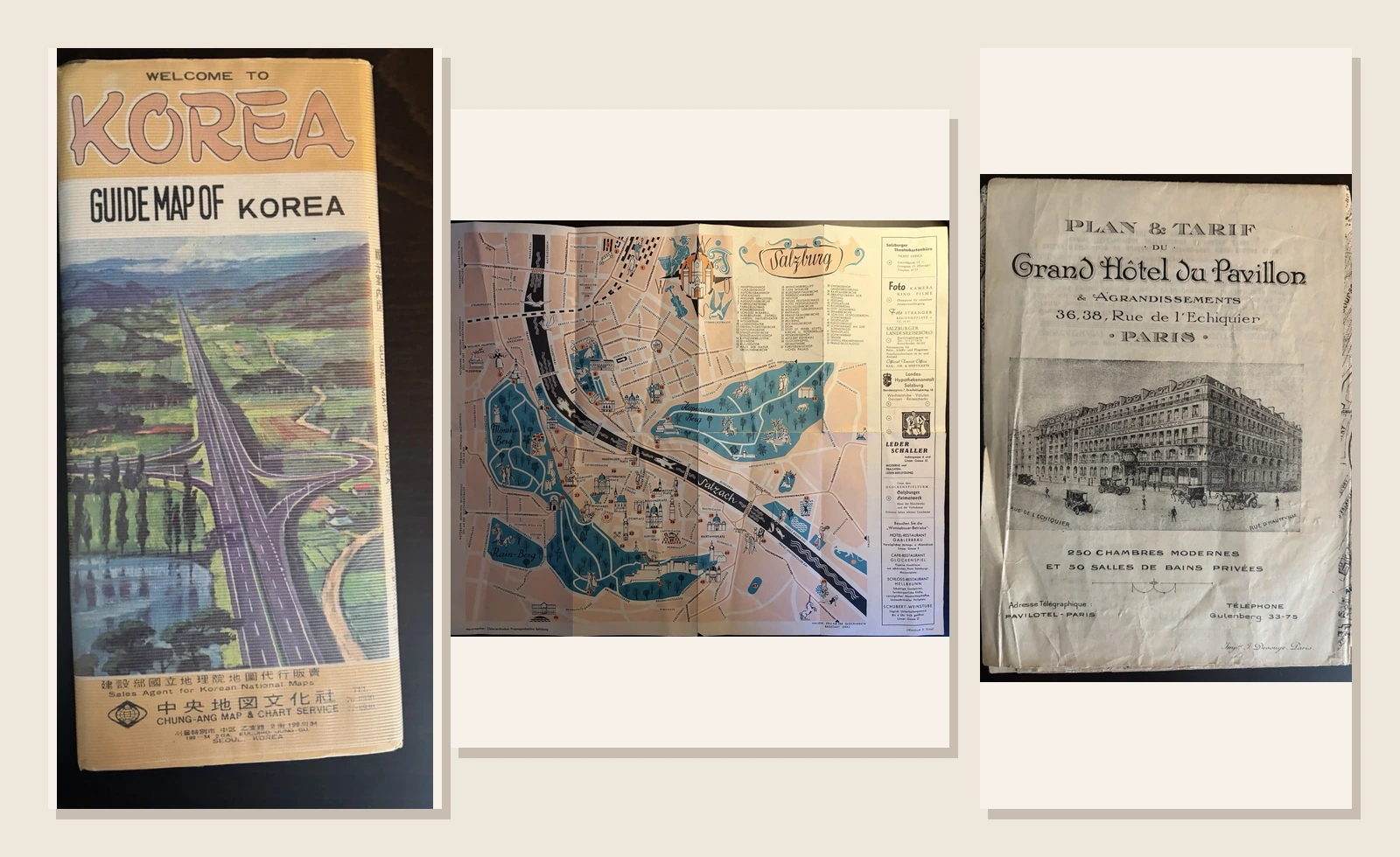 Three vintage travel maps arranged together: a folded Guide Map of Korea, a colourful pictorial plan of Salzburg and a monochrome Grand Hôtel du Pavillon plan and tariff from Paris.