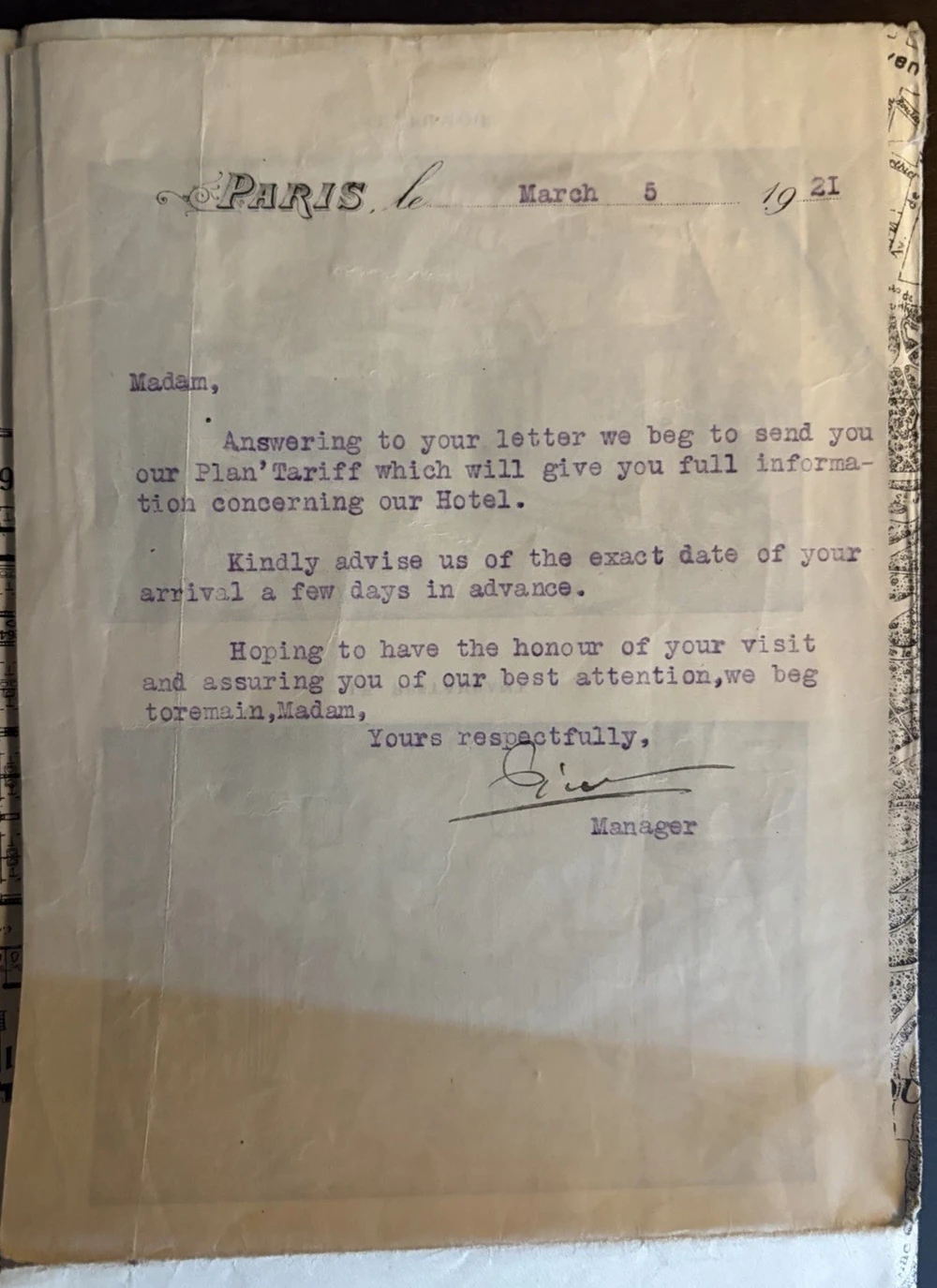 Typed English letter from the Grand Hôtel du Pavillon manager dated Paris, March 5, 1921, sending the plan and tariff and requesting an arrival date.