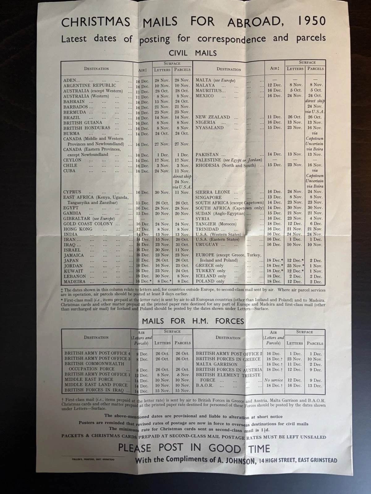 1950 Christmas Mails for Abroad posting-dates sheet issued by A. Johnson, Tailor and Hosier, East Grinstead