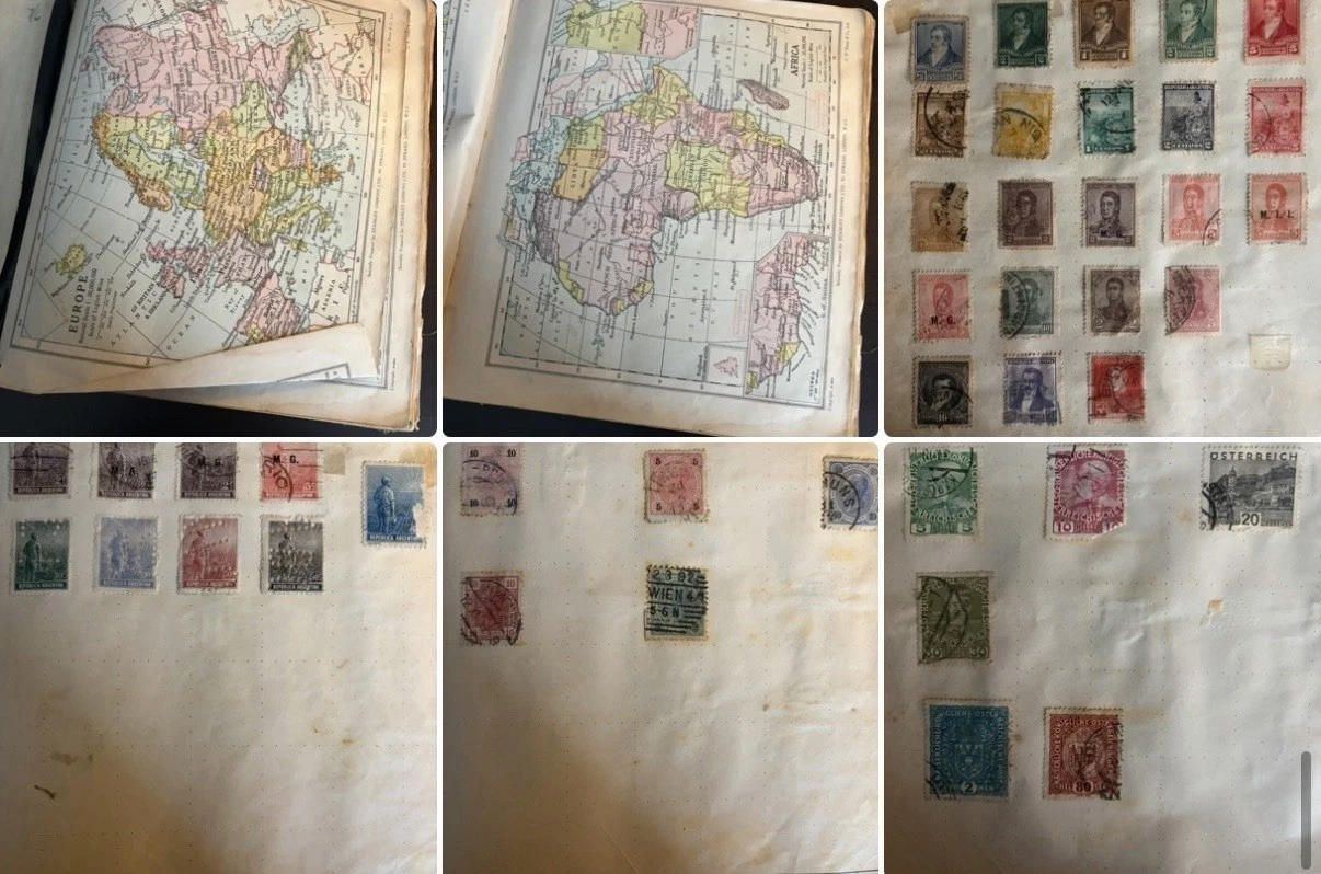 Vintage worldwide stamp album opened across illustrated map pages, with additional pages of mounted stamps