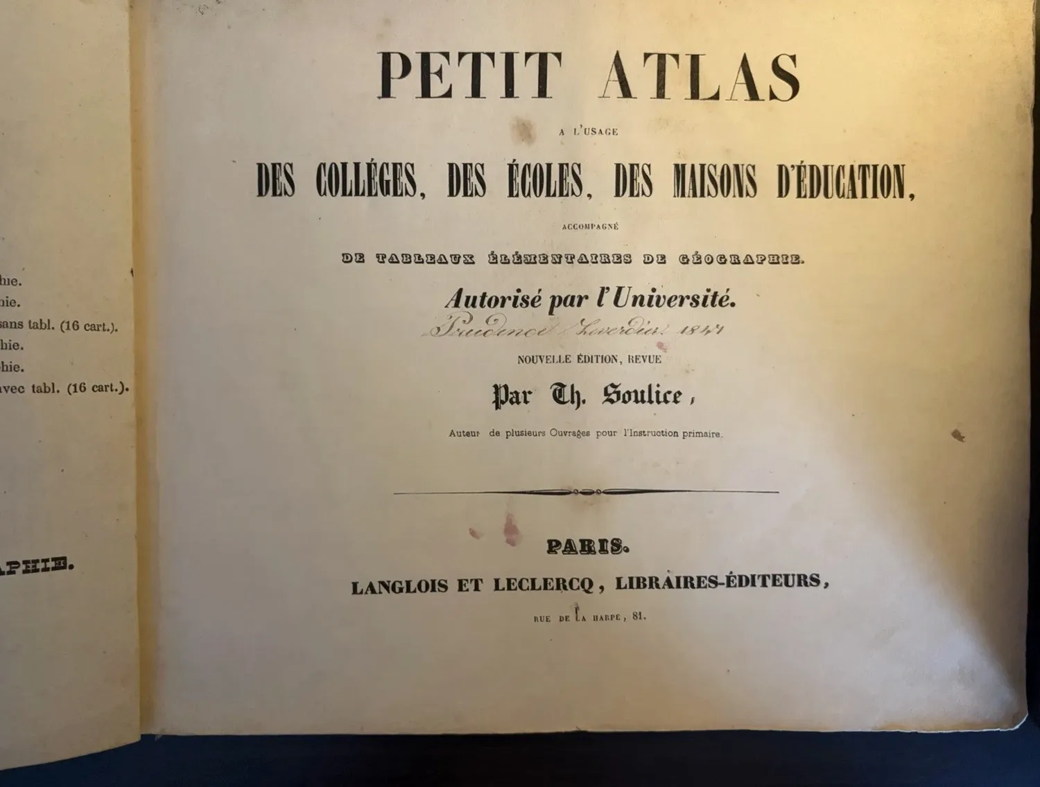 Petit Atlas title page naming Théodore Soulice and Paris publisher Langlois et Leclercq