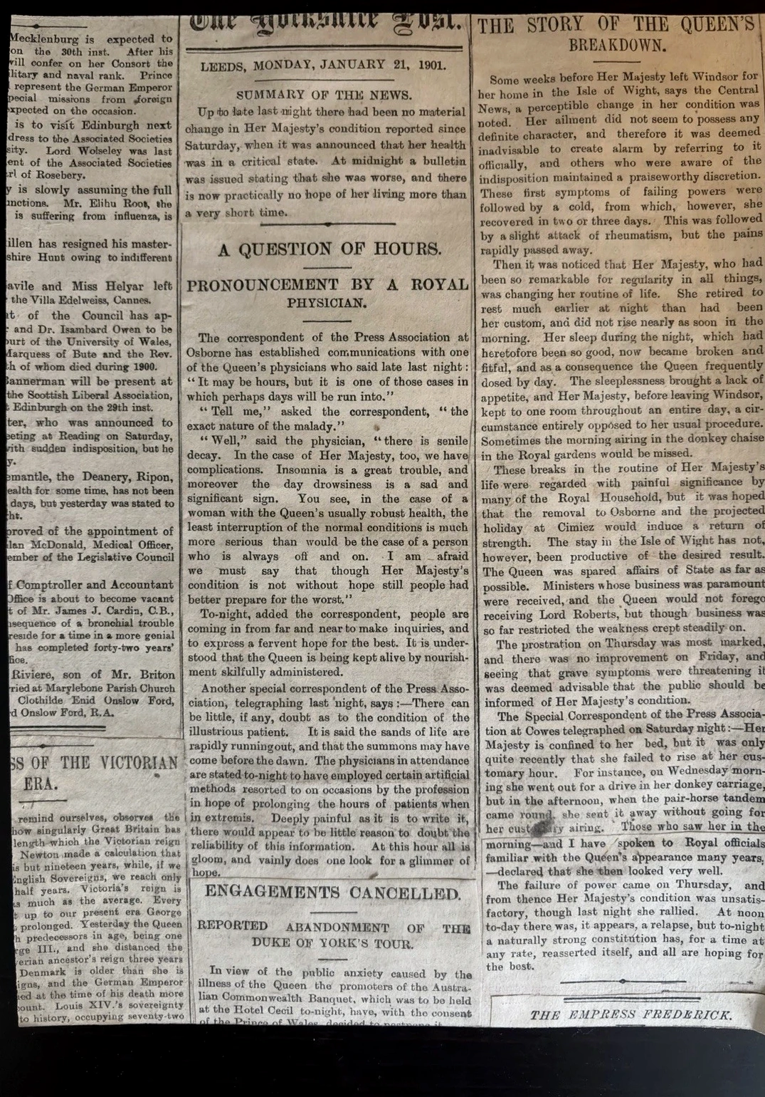 A newspaper page dated Leeds, Monday, January 21, 1901, reporting on Queen Victoria's failing health