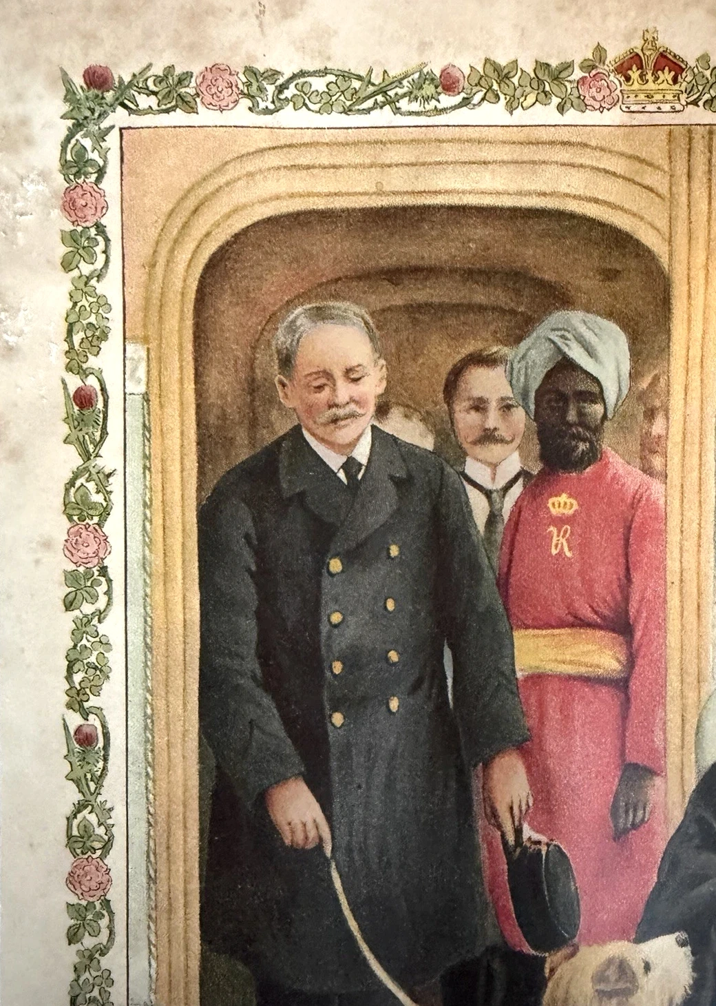 Detail of the Royal Thoughtfulness print showing the man holding Tim's lead and two other standing figures behind him