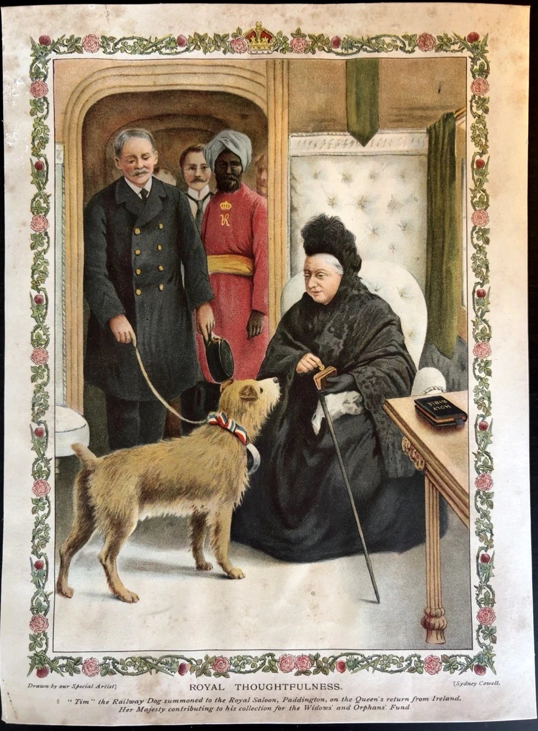 A colour print titled Royal Thoughtfulness showing Queen Victoria seated beside Tim, a railway dog, with three standing figures at Paddington