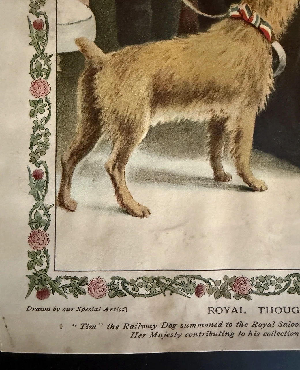Detail of Tim wearing a striped collar and standing in the foreground of the Royal Thoughtfulness print