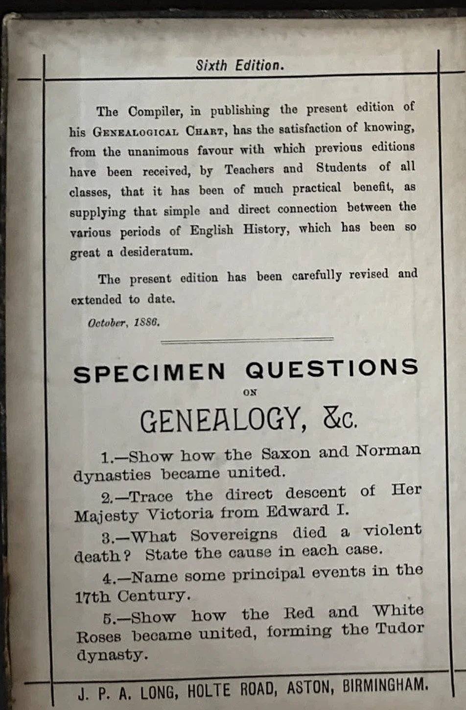 The sixth-edition notice and specimen genealogy questions printed on the left leaf of J. P. A. Long’s handbook