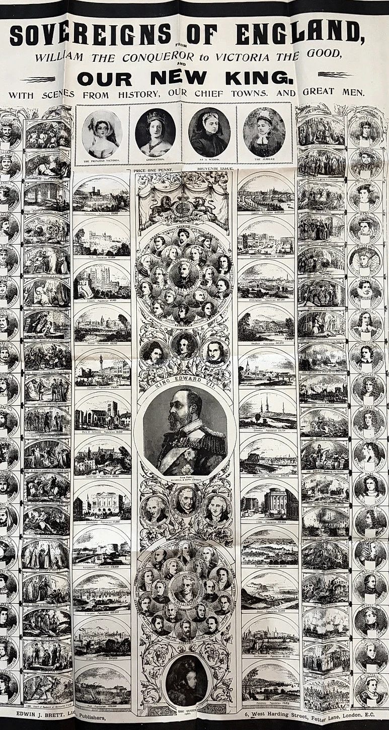 Full 1901 souvenir poster of English sovereigns, with Edward VII at its centre