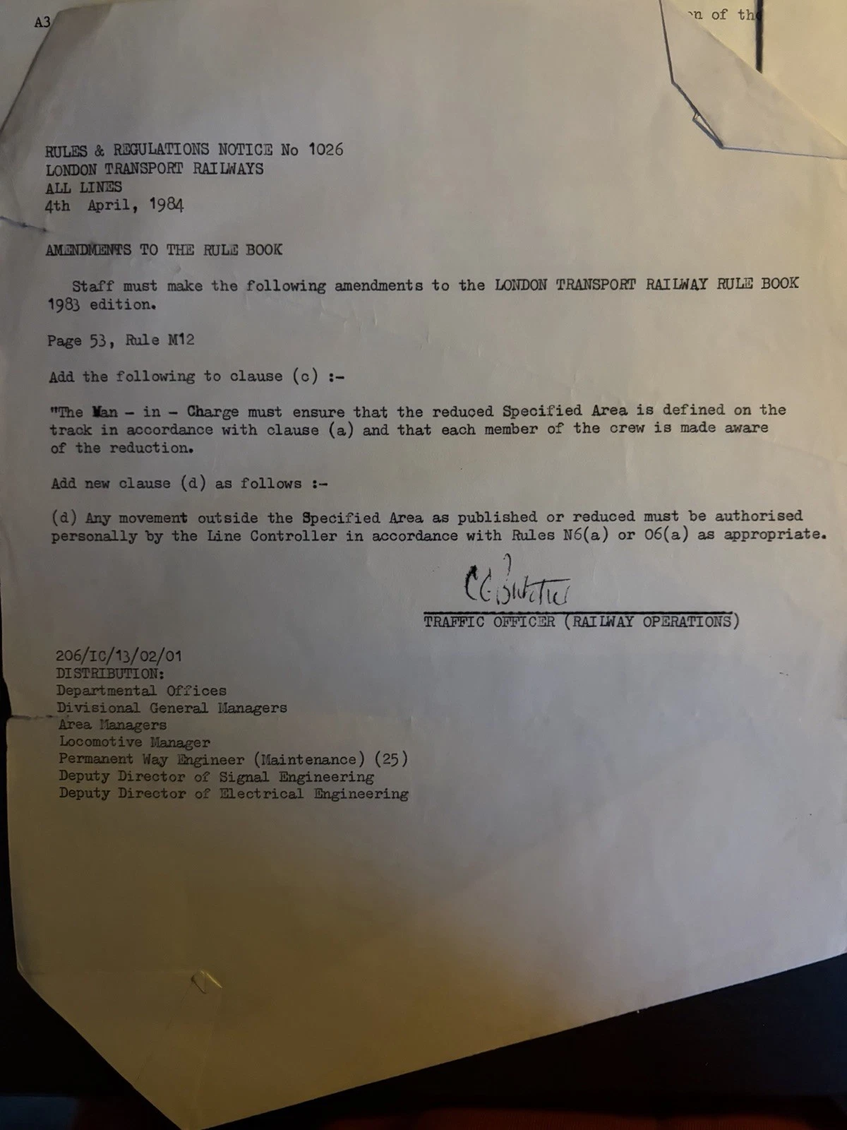 Rules and Regulations Notice No. 1026 dated 4 April 1984 amending Rule M12