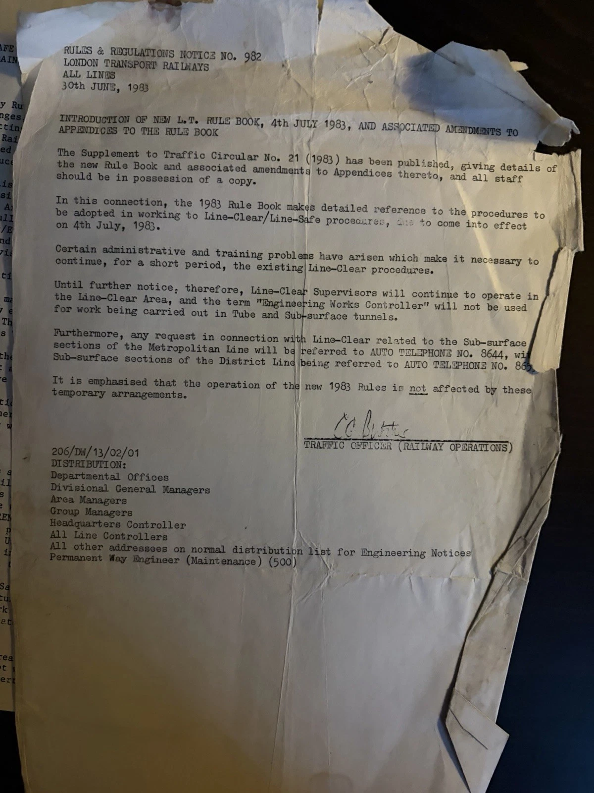 Rules and Regulations Notice No. 982 dated 30 June 1983 about the introduction of the new London Transport Rule Book