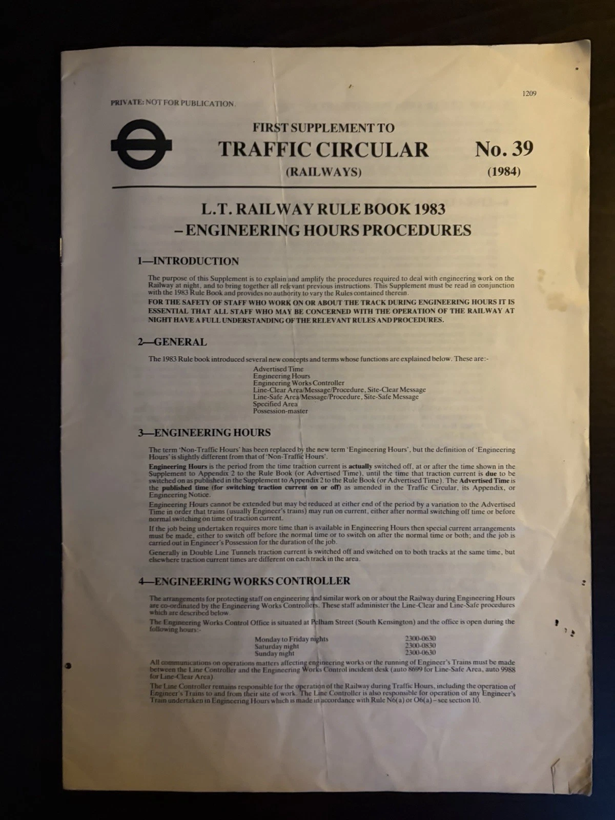 First Supplement to Traffic Circular No. 39, headed L.T. Railway Rule Book 1983 Engineering Hours Procedures