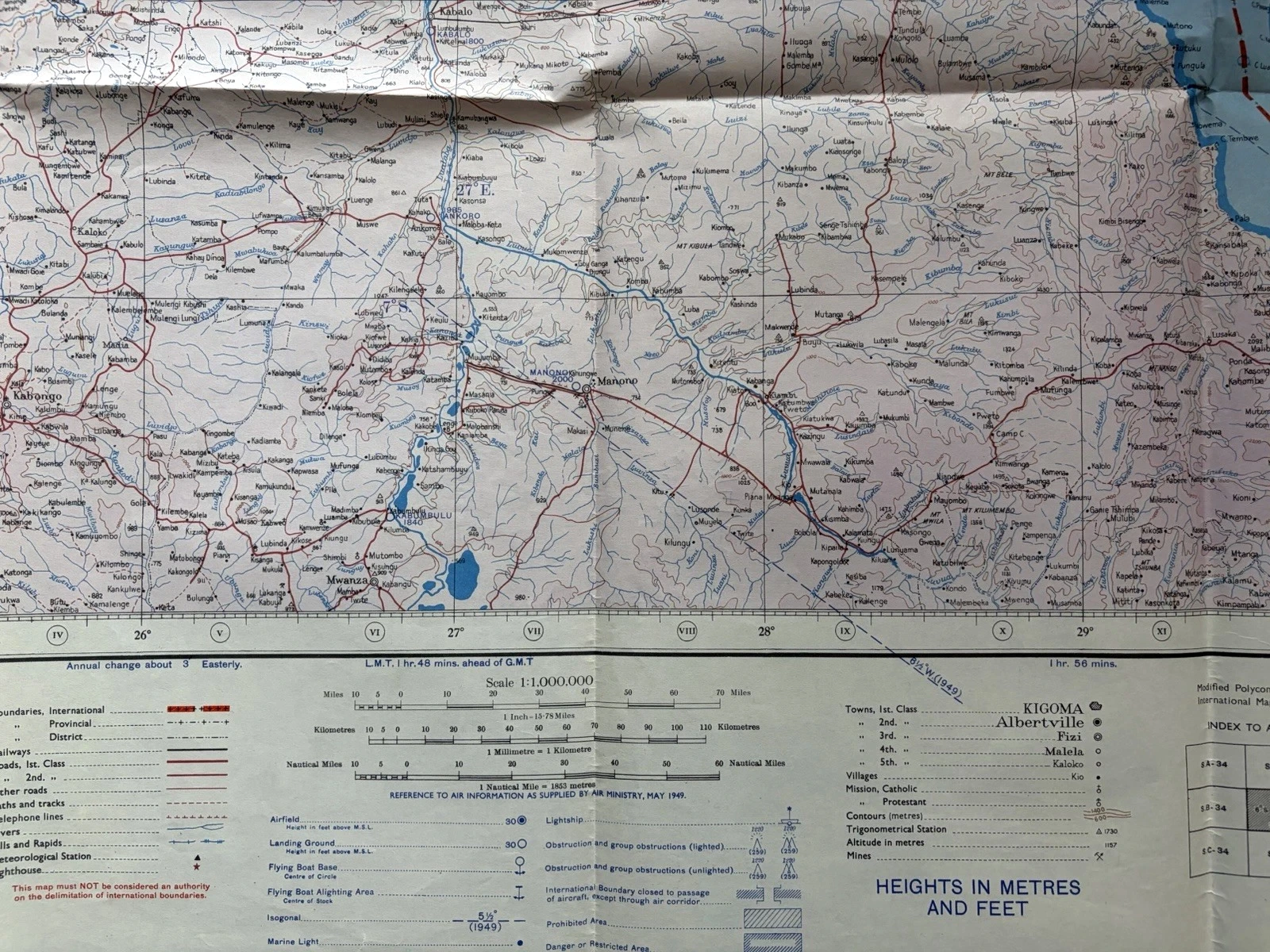 Albertville map margin with 1:1,000,000 scales and a blue May 1949 Air Ministry key for airfields, flying-boat bases, lights and obstructions.