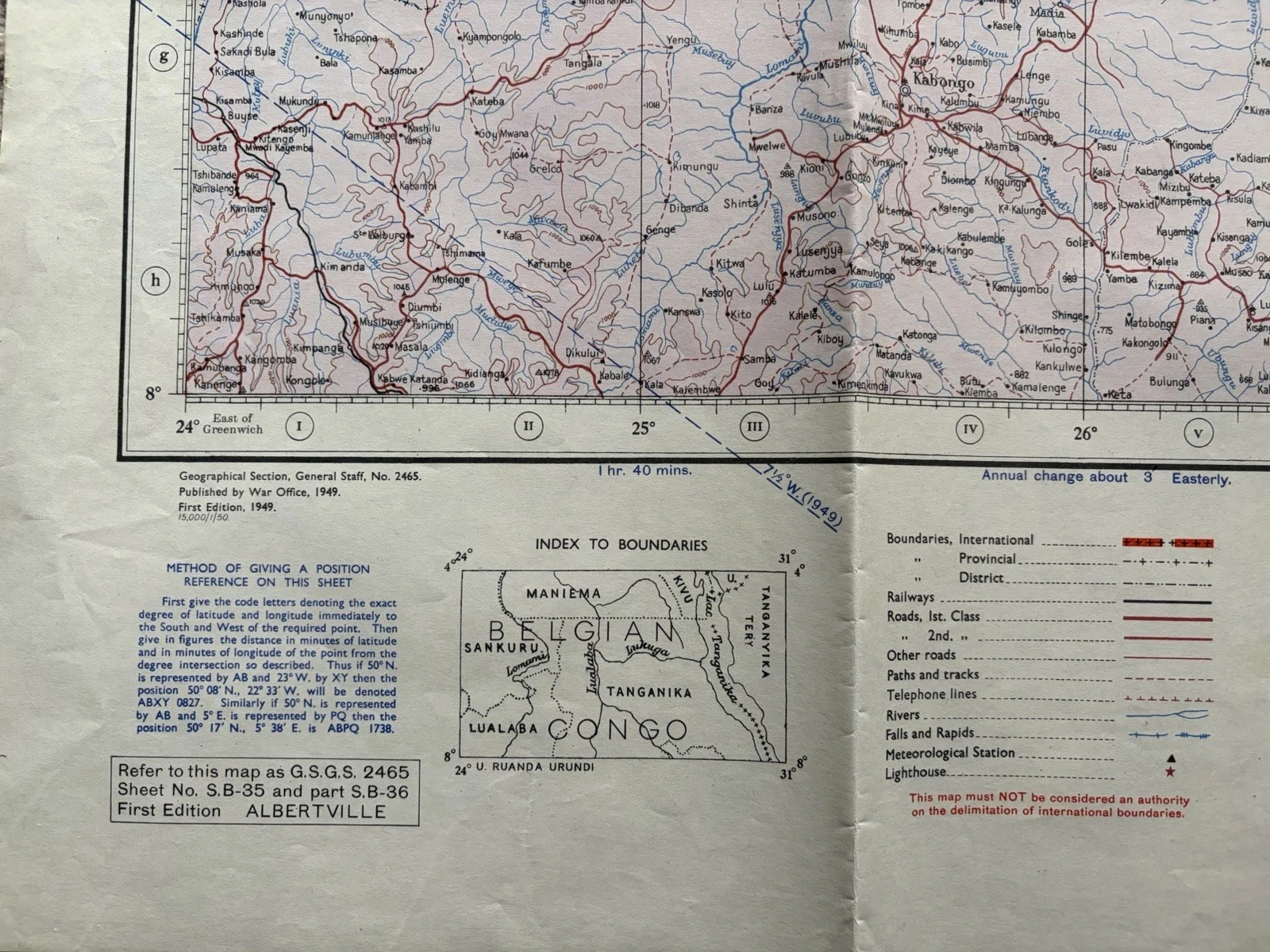 Lower margin of the Albertville sheet showing the War Office 1949 imprint, GSGS 2465 reference box, position instructions, boundary index and conventional signs.