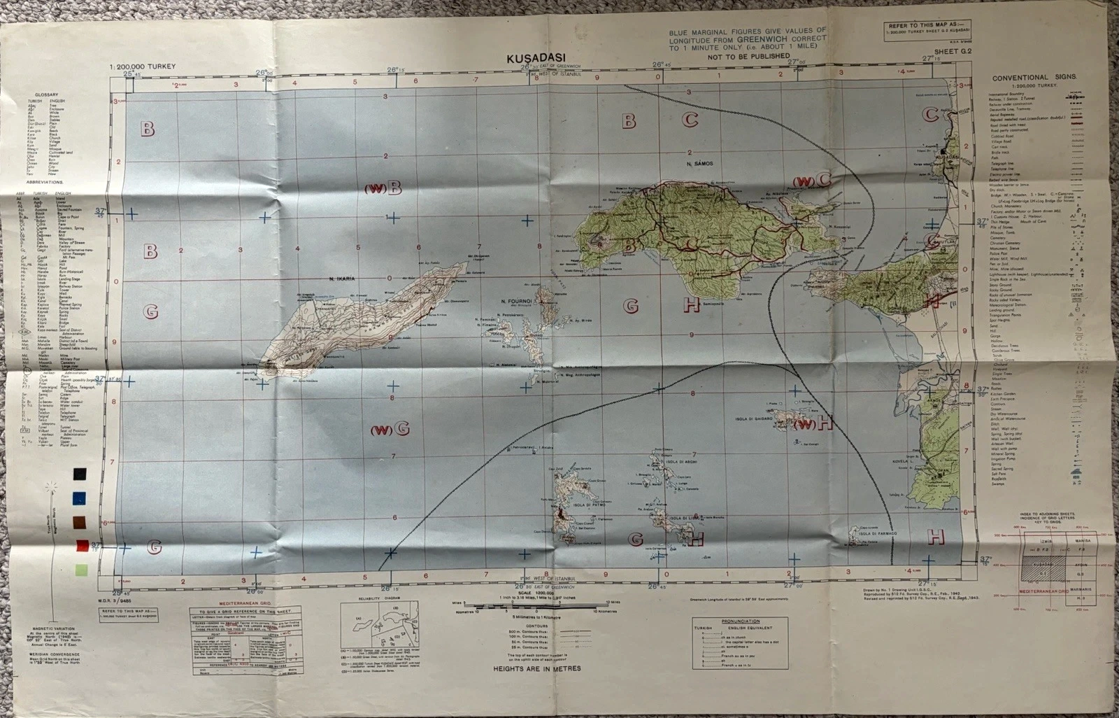 Complete landscape-format Kuşadası military map with Aegean islands, Turkish coast, grids, legends, glossary and production information.