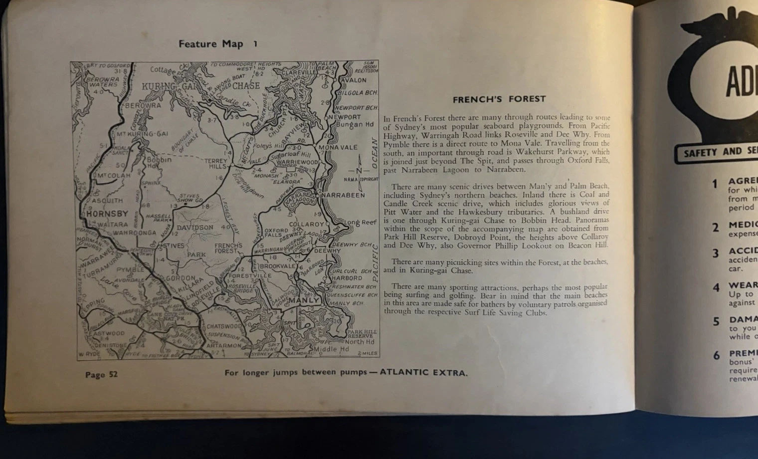 NRMA Feature Map 1 showing French's Forest, Hornsby, Ku-ring-gai Chase, northern beaches and Manly beside descriptive touring text.