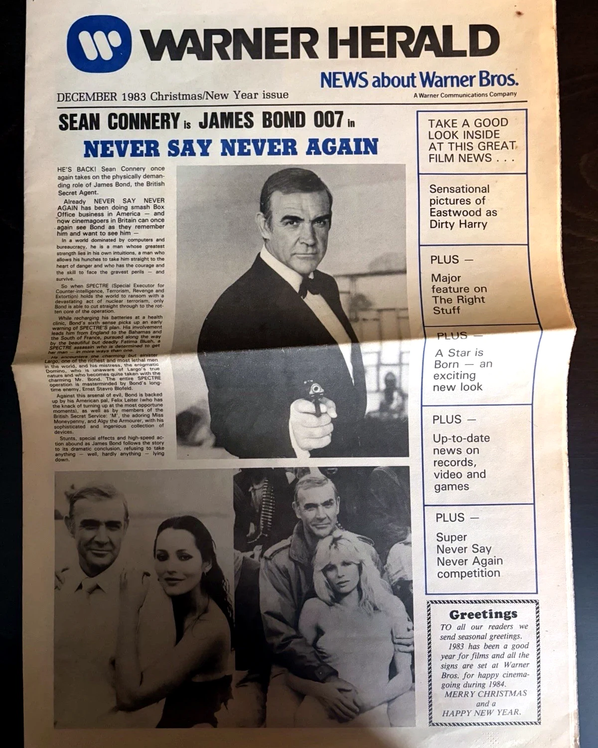 December 1983 Warner Herald front page with Sean Connery as James Bond in Never Say Never Again