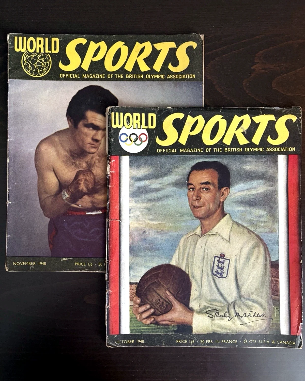 Two 1948 World Sports magazines, one featuring footballer Stanley Matthews and the other boxer Freddie Mills