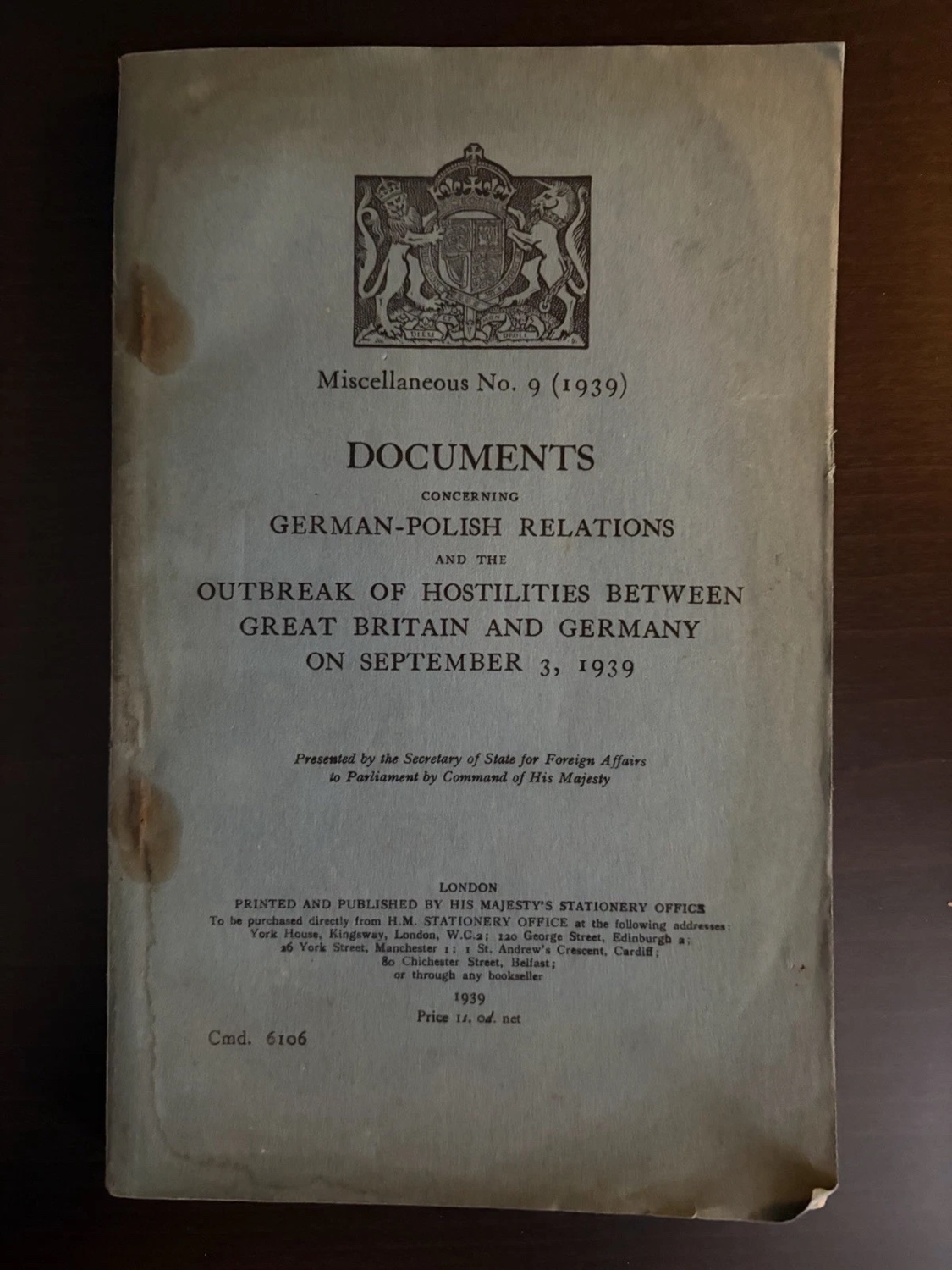1939 British Command Paper 6106 titled Documents Concerning German-Polish Relations