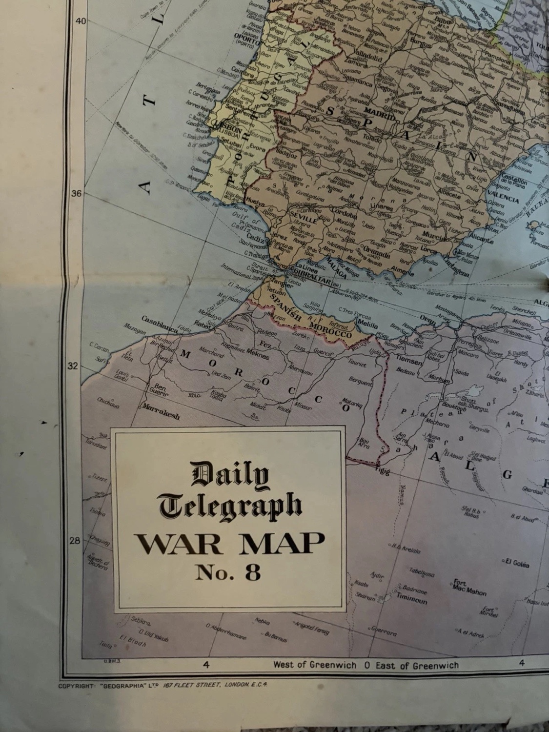 Detail of a Daily Telegraph War Map No. 8, showing Spain, Morocco and the western Mediterranean