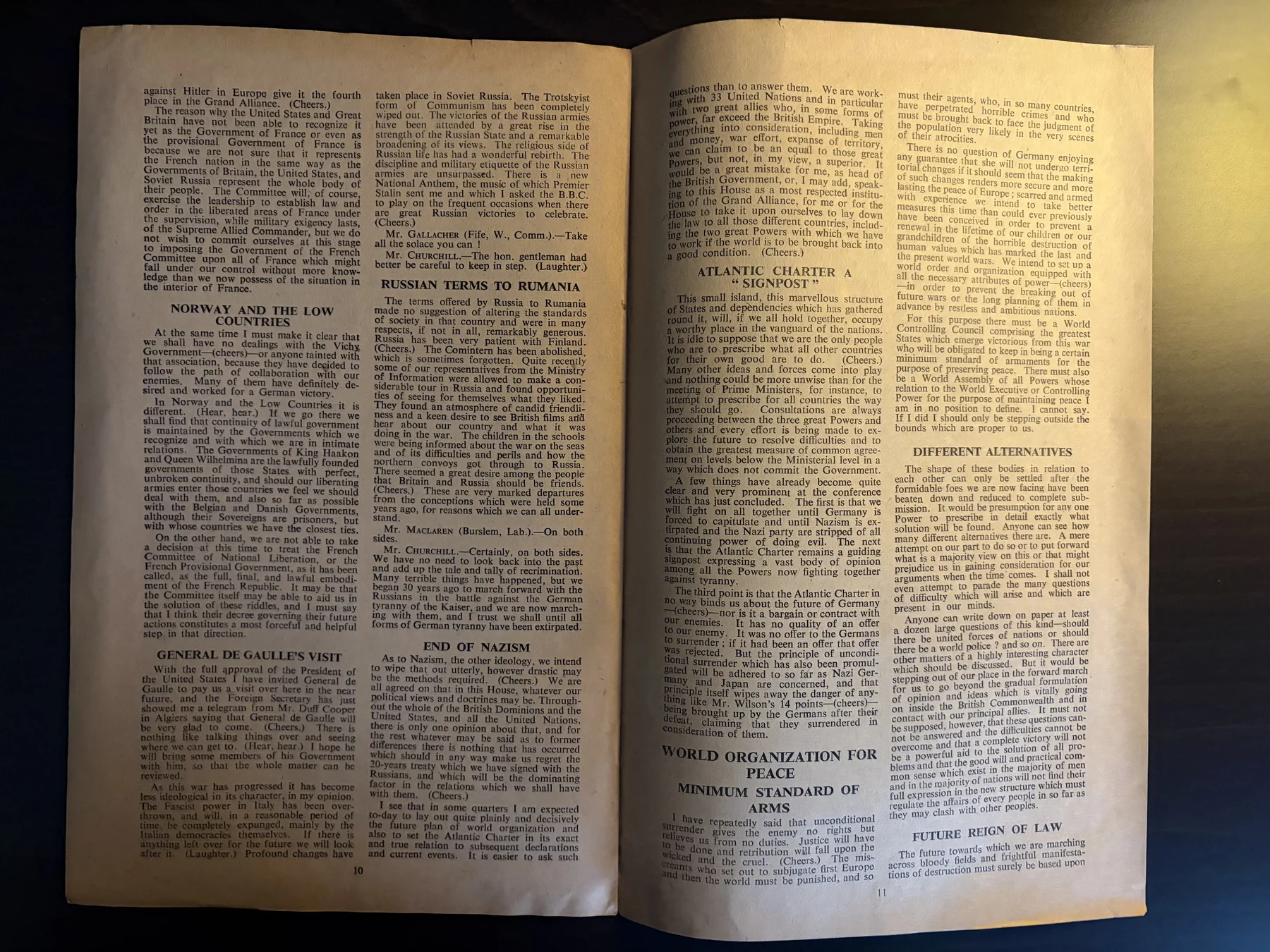 Later pages of the 1944 Foreign Policy pamphlet with headings including Russian Terms to Rumania and Atlantic Charter a Signpost