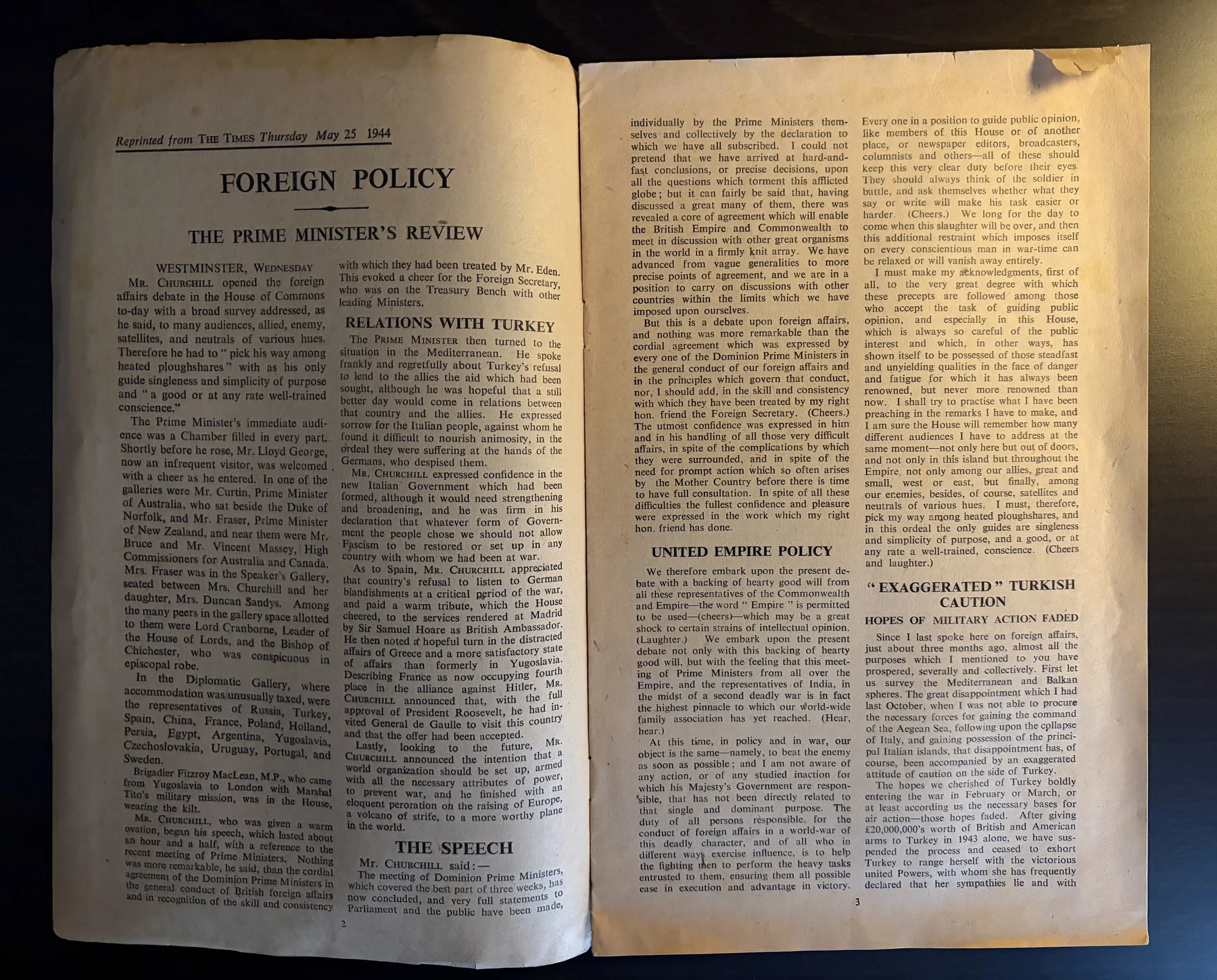Opening pages of the 1944 Foreign Policy pamphlet, with headings including Relations with Turkey and United Empire Policy