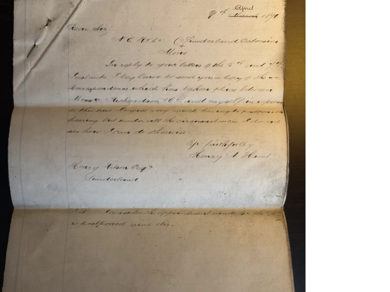 Folded 1876 letter from Henry A. Hunt concerning a Sunderland Extension hearing