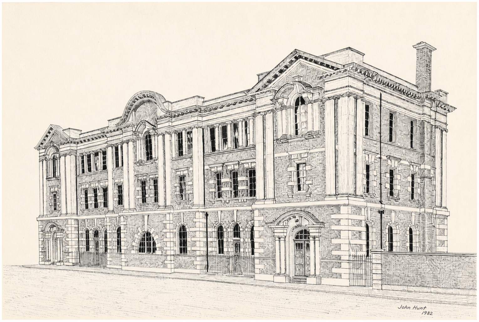 Front-on editorial rendering of John Hunt’s 1982 pen-and-ink drawing of Southampton Docks Post Office.