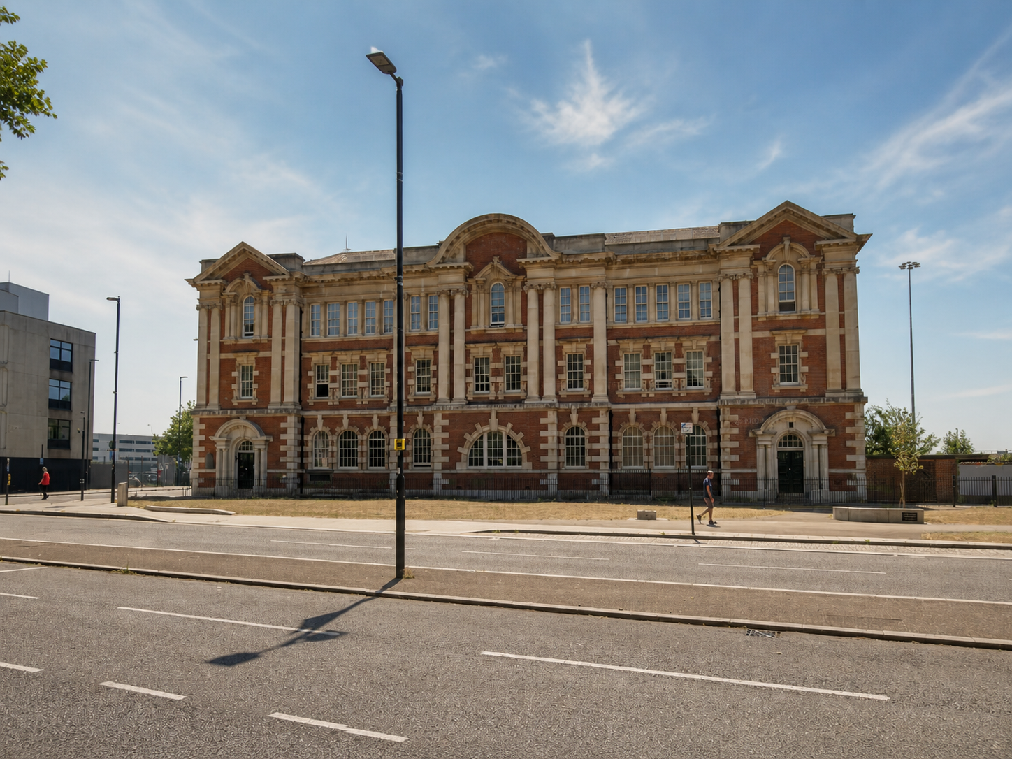 Editorial street view of the red-brick and stone former Southampton Docks Post Office on Platform Road, seen across the road.