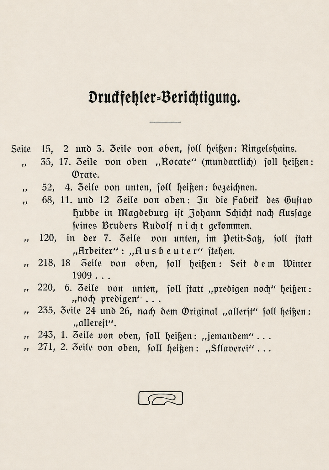 Printed errata leaf at the end of Johann Schicht: Sein Leben und Wirken