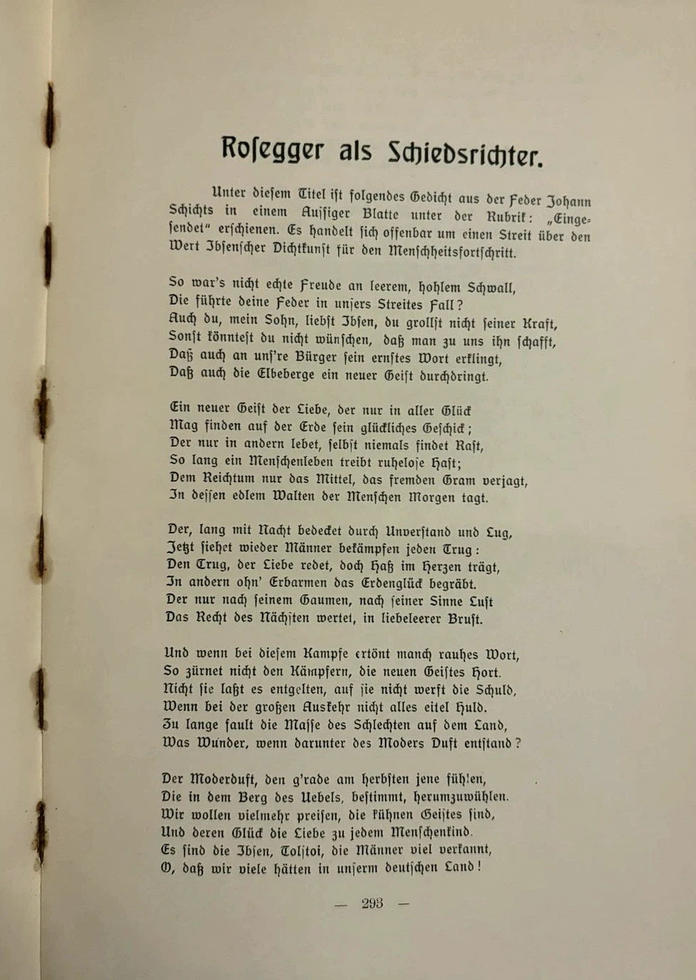 Page headed Rosegger als Schiedsrichter, a poem attributed in the book to Johann Schicht