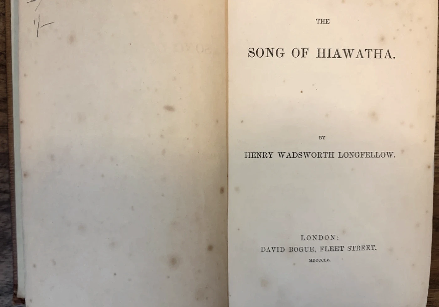 The title page of an 1855 London copy of The Song of Hiawatha by Henry Wadsworth Longfellow