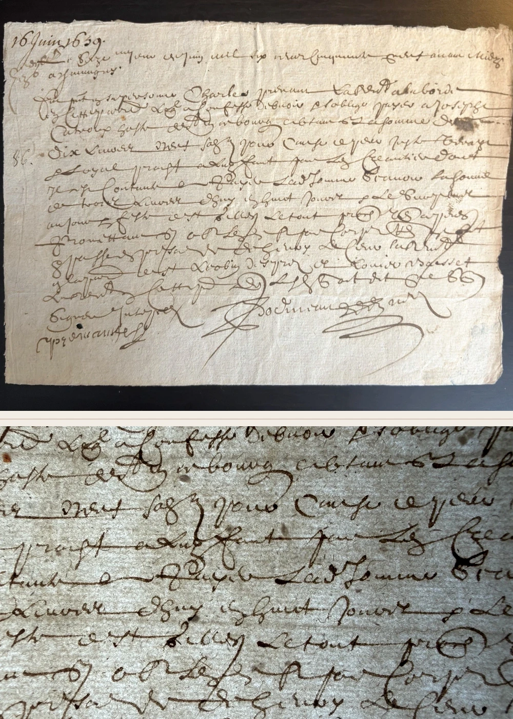 Original French debt obligation dated 16 June 1659, with a close view of handwriting below