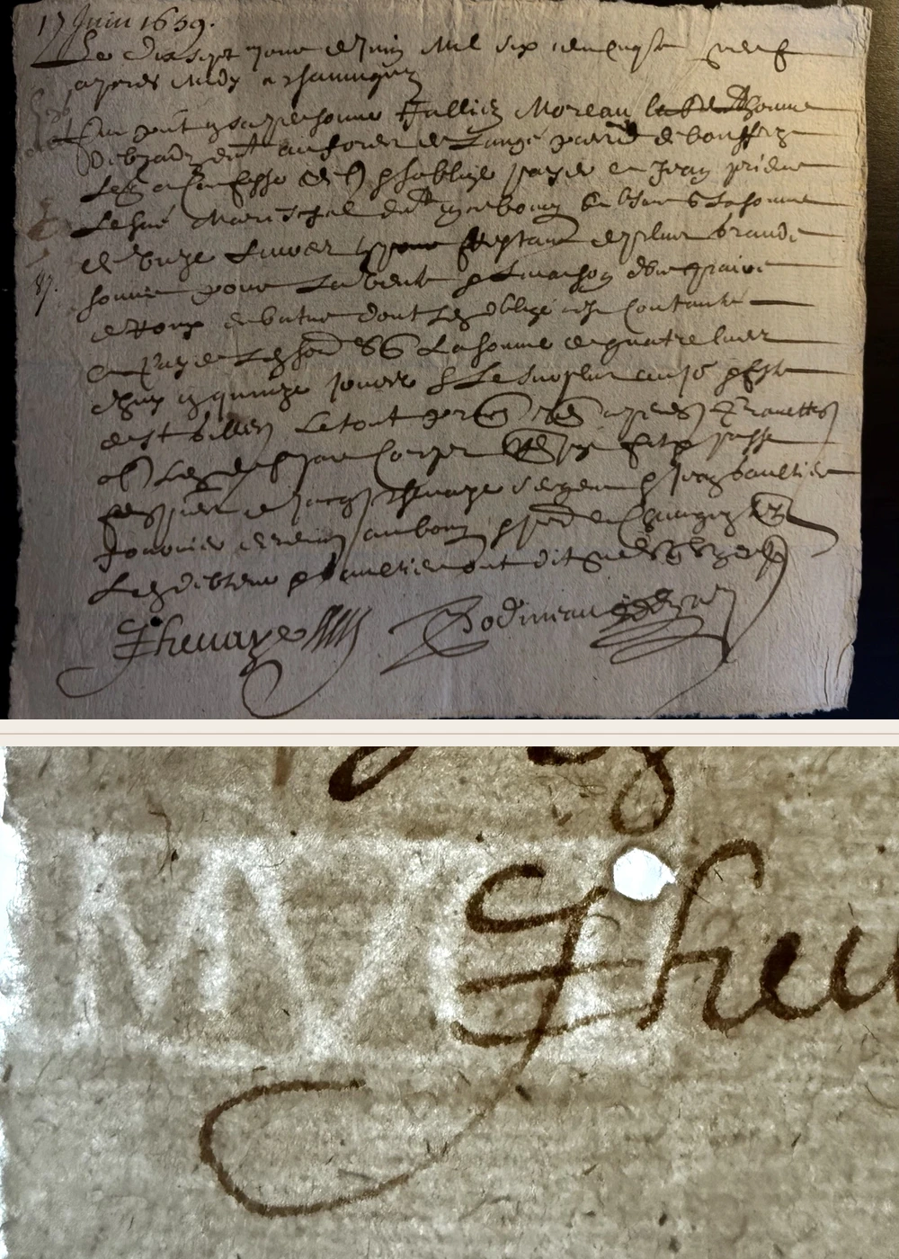 Original French quittance dated 17 June 1659, with a close view of a lower signature