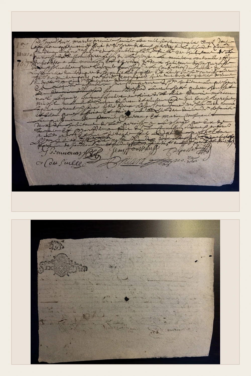 Original 1692 French handwritten manuscript on stamped paper with its reverse shown below