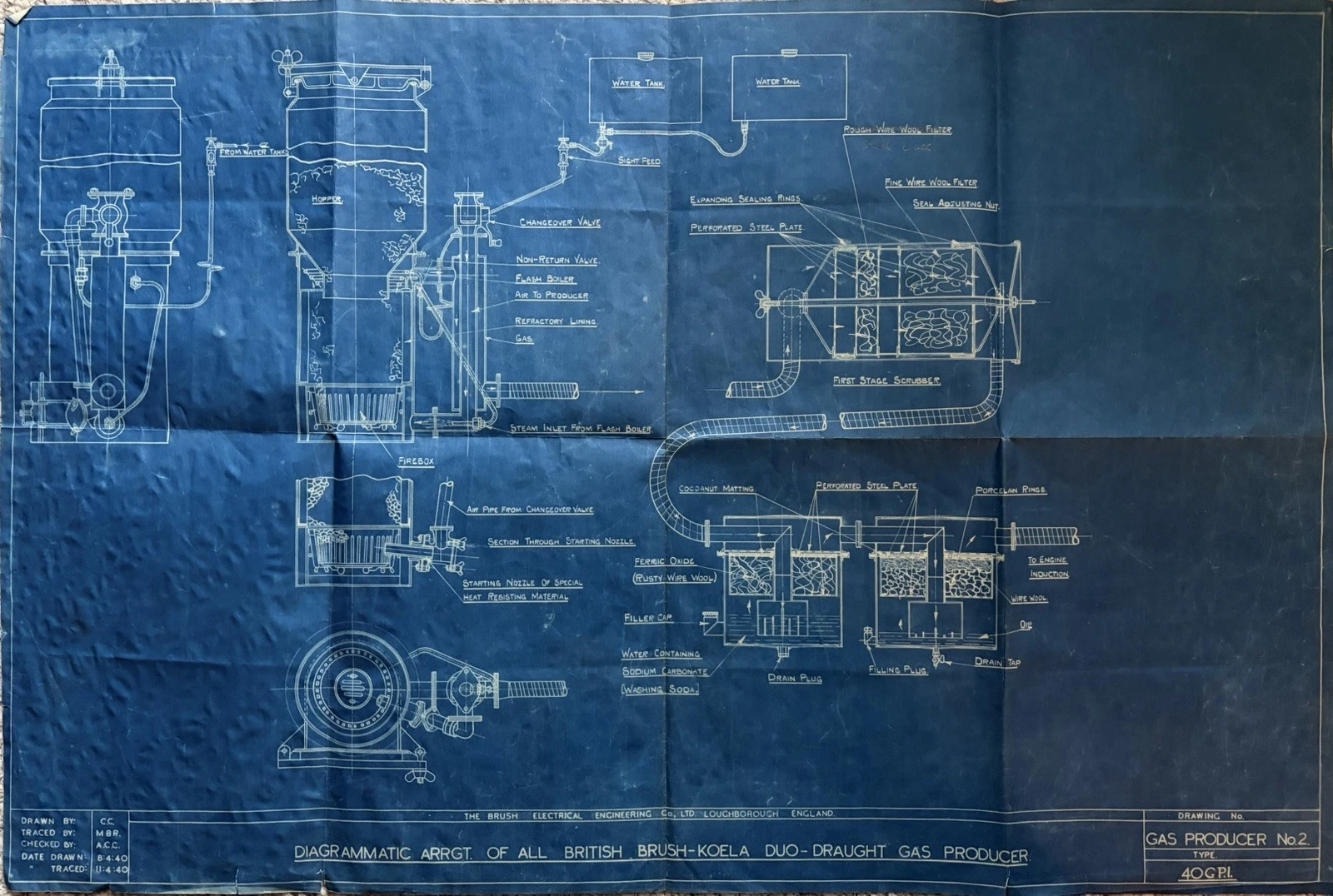 Full Brush-Koela gas-producer blueprint showing a hopper, water tanks, pipes, scrubbers and title block