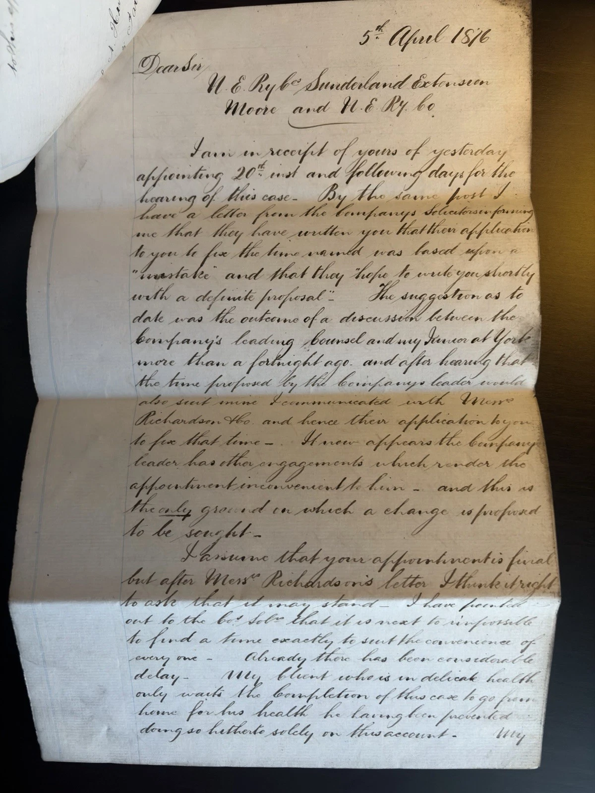First page of a handwritten April 1876 letter objecting to a postponed railway arbitration hearing