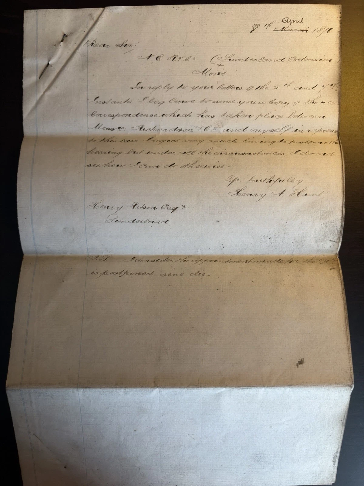 Folded handwritten 8 April 1876 covering letter from Henry A. Hunt to Henry Wilson