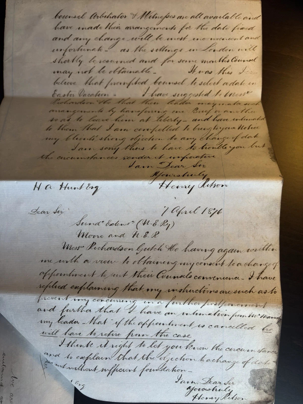 Handwritten continuation of an objection letter and a 7 April 1876 letter from Henry Wilson to Henry A. Hunt