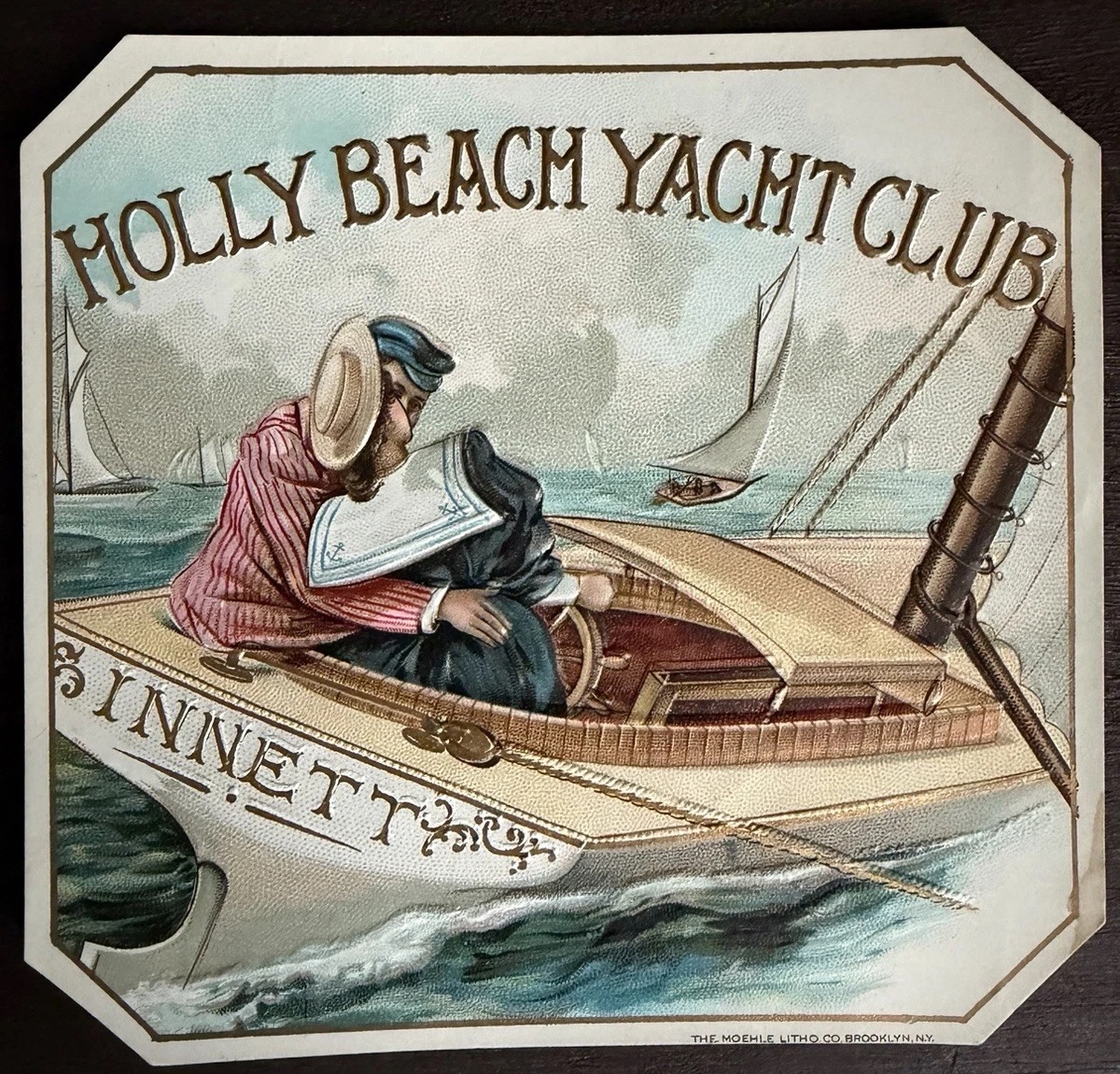Complete Holly Beach Yacht Club cigar-box label with a sailboat at sea