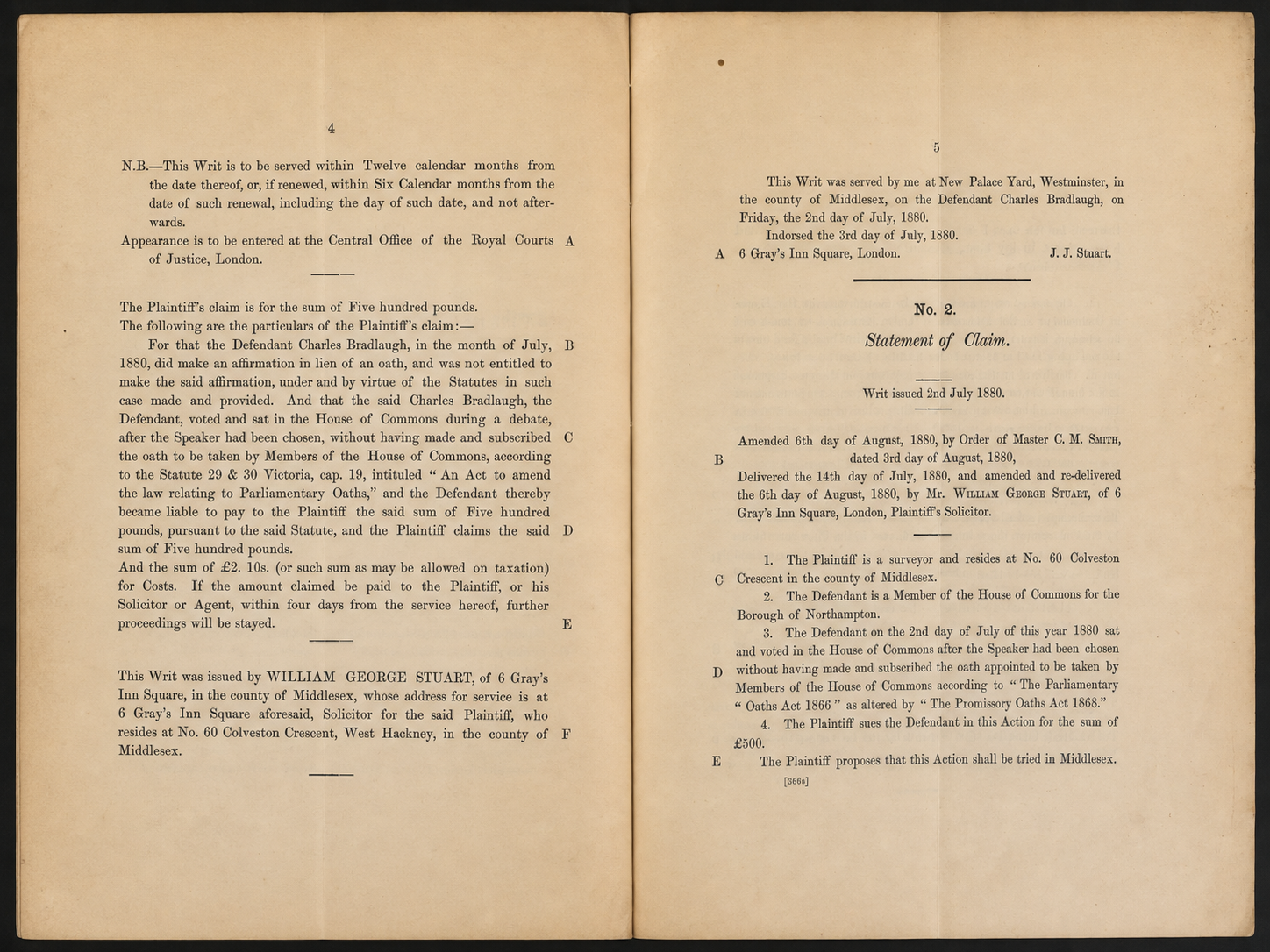 Two open pages of the Bradlaugh appendix showing the claim and its date